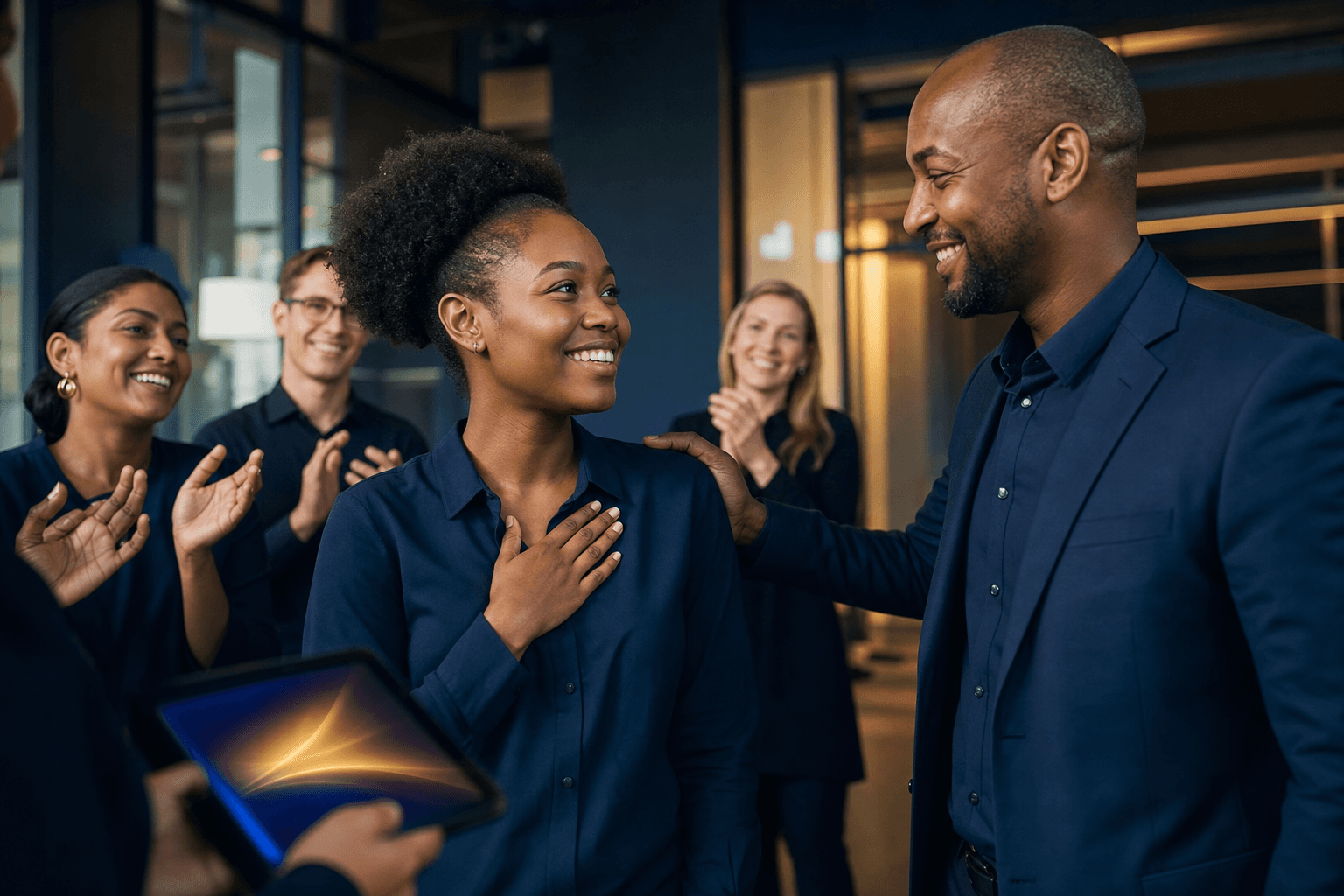 Employee receiving meaningful workplace recognition