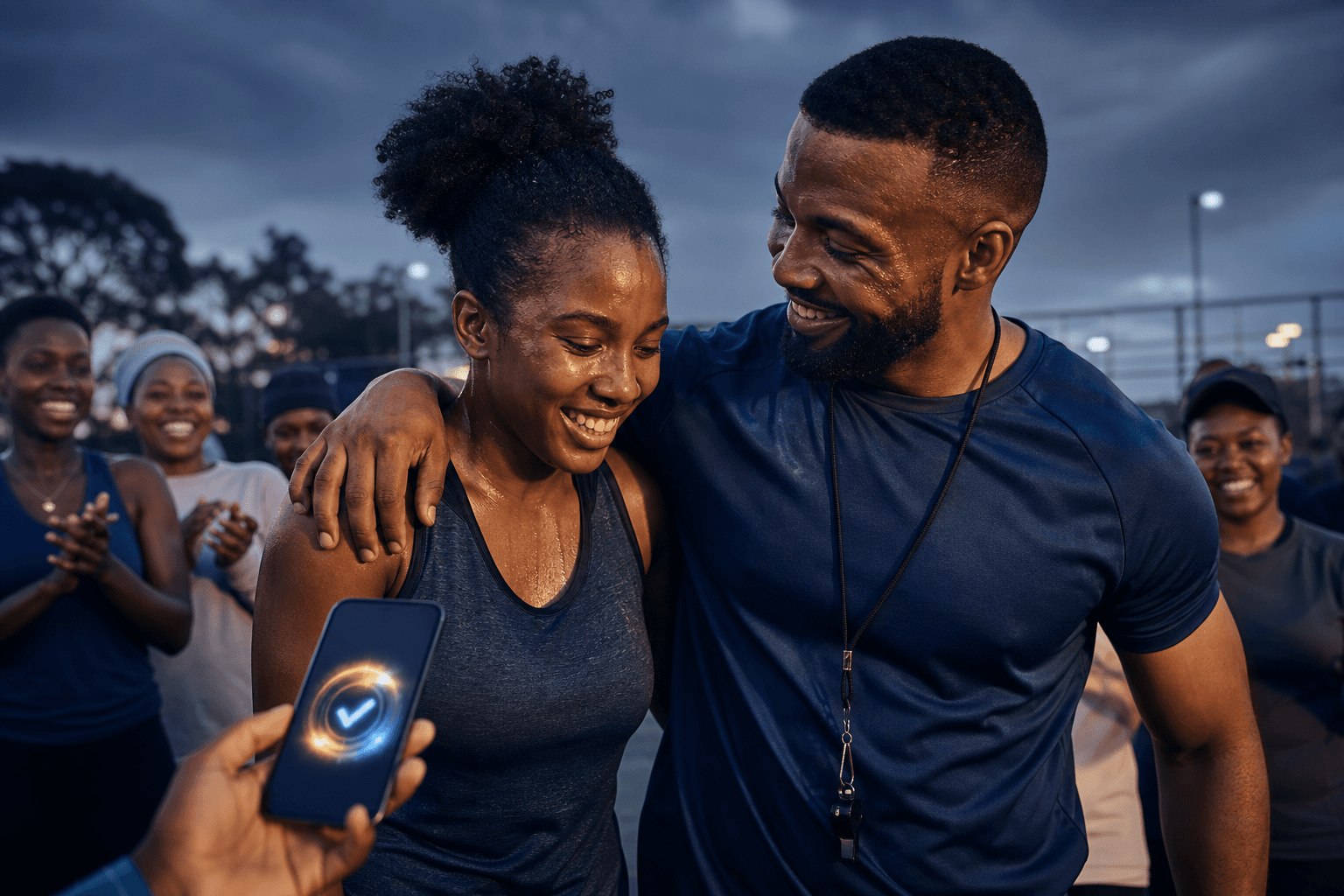 Athlete and coach celebrating participation and discipline